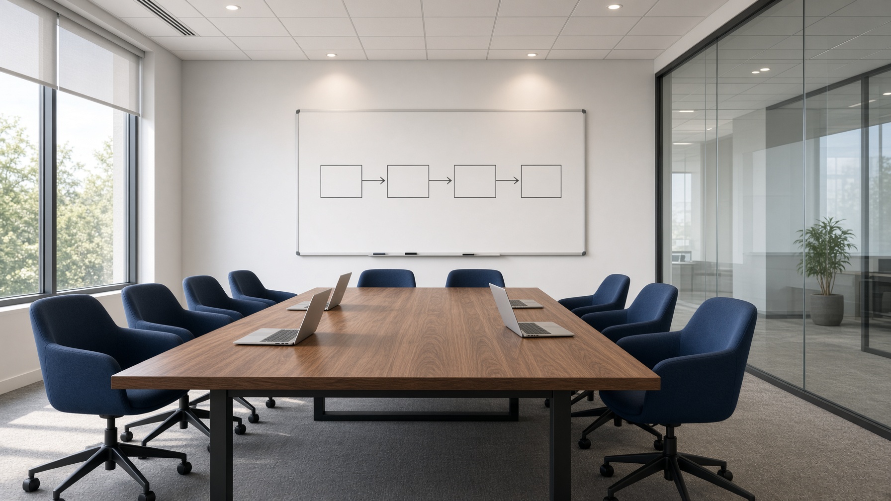 Training room with a four-step process on the whiteboard